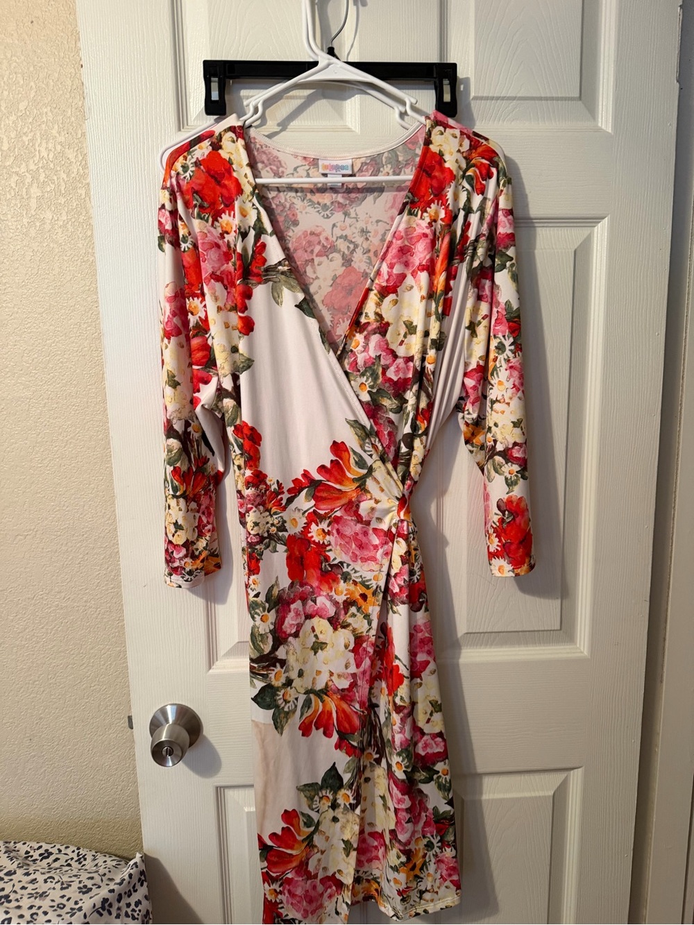 LuLaRoe White Floral Midi Dress with Red, Pink & Green Print